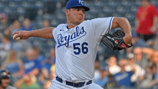 Jun 14, 2021; Kansas City, Missouri, USA; Kansas City Royals starting pitcher Brad Keller (56) delivers a pitch during the first inning against the Detroit Tigers at Kauffman Stadium. Mandatory Credit: Peter Aiken-USA TODAY Sports